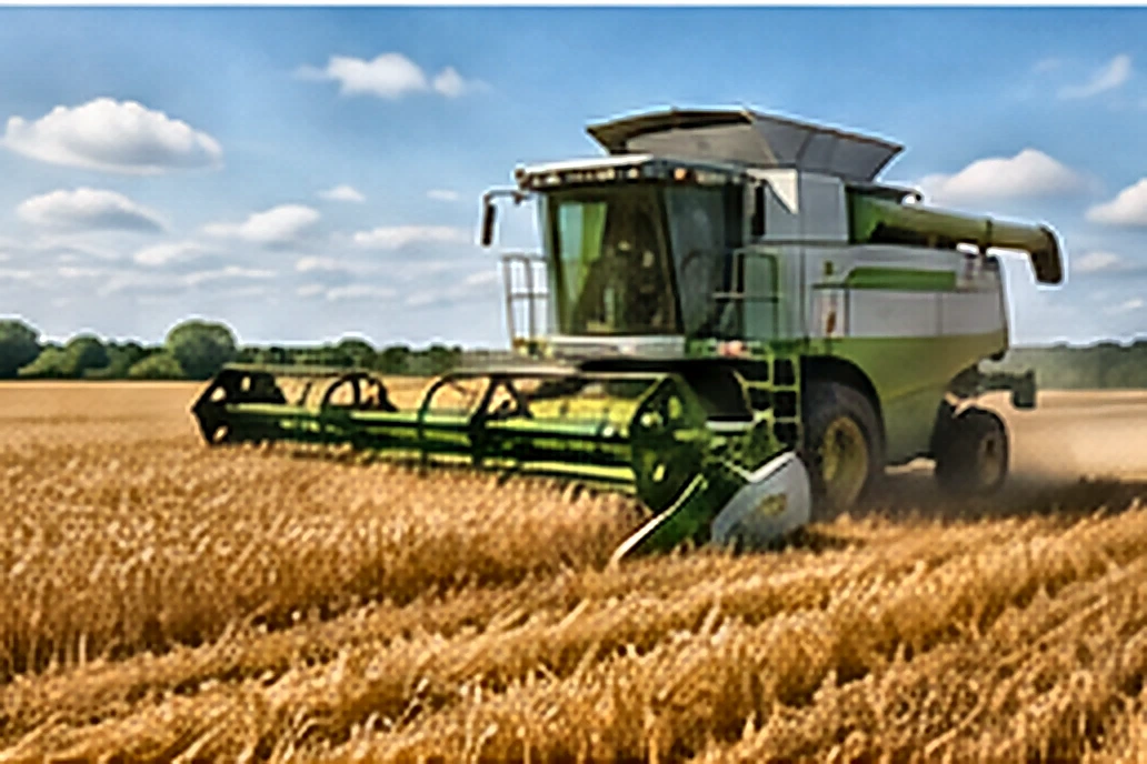 Mähdrescher bei der Getreideernte als Symbol für einen aktiven Landwirtschaftsbetrieb im Wandel